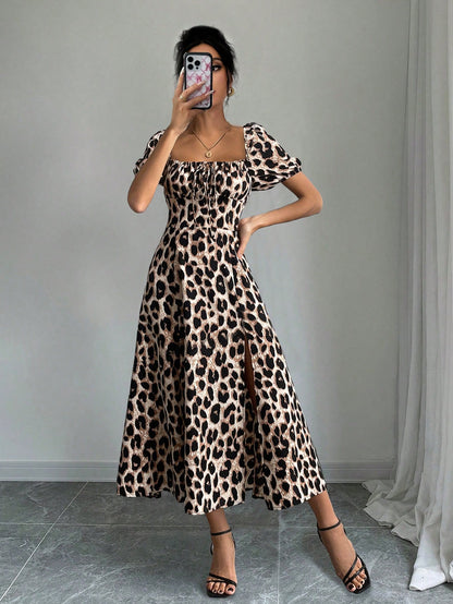 Breezaya 1pc Women's Leopard Print Thigh Slit A-Line Dress, Elegant Resort Wear Maxi Women Outfit