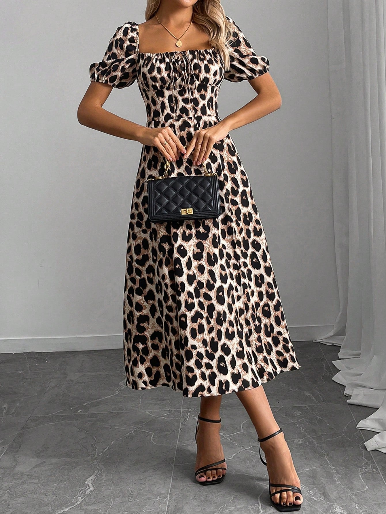 Breezaya 1pc Women's Leopard Print Thigh Slit A-Line Dress, Elegant Resort Wear Maxi Women Outfit