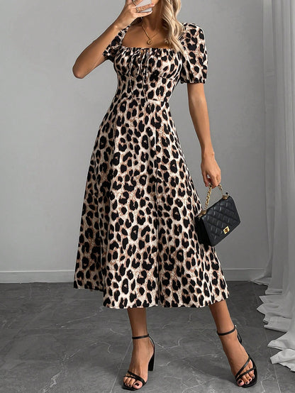 Breezaya 1pc Women's Leopard Print Thigh Slit A-Line Dress, Elegant Resort Wear Maxi Women Outfit