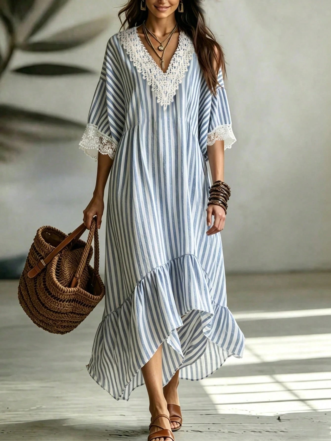 Breezaya Holidaya Women's Blue And White Stripe V-Neck Lace-Paneled Maxi Dress,Summer Boho Holiday Vacation Outfits,Casual Loose-Fitting Short-Sleeve Ruffle