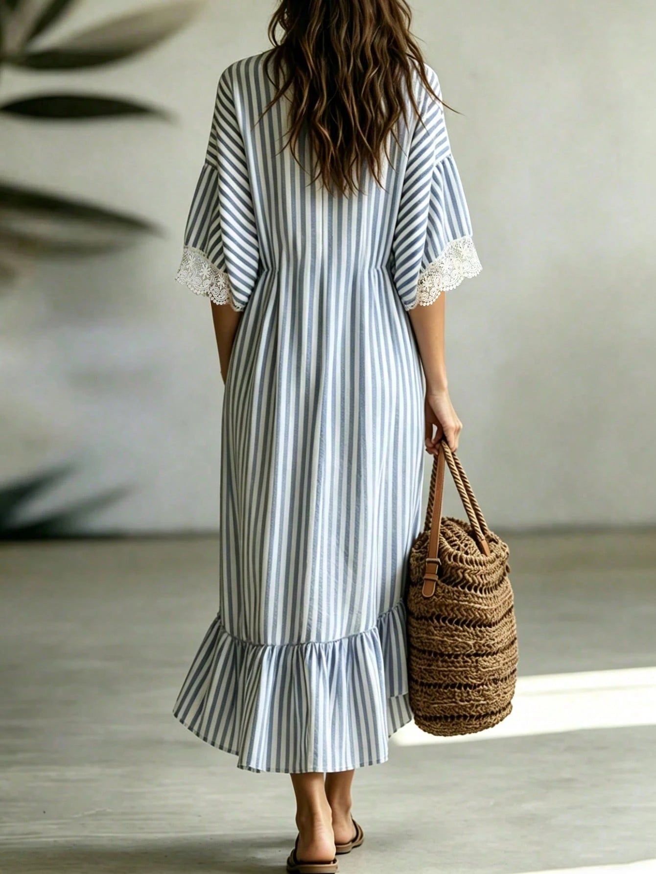Breezaya Holidaya Women's Blue And White Stripe V-Neck Lace-Paneled Maxi Dress,Summer Boho Holiday Vacation Outfits,Casual Loose-Fitting Short-Sleeve Ruffle