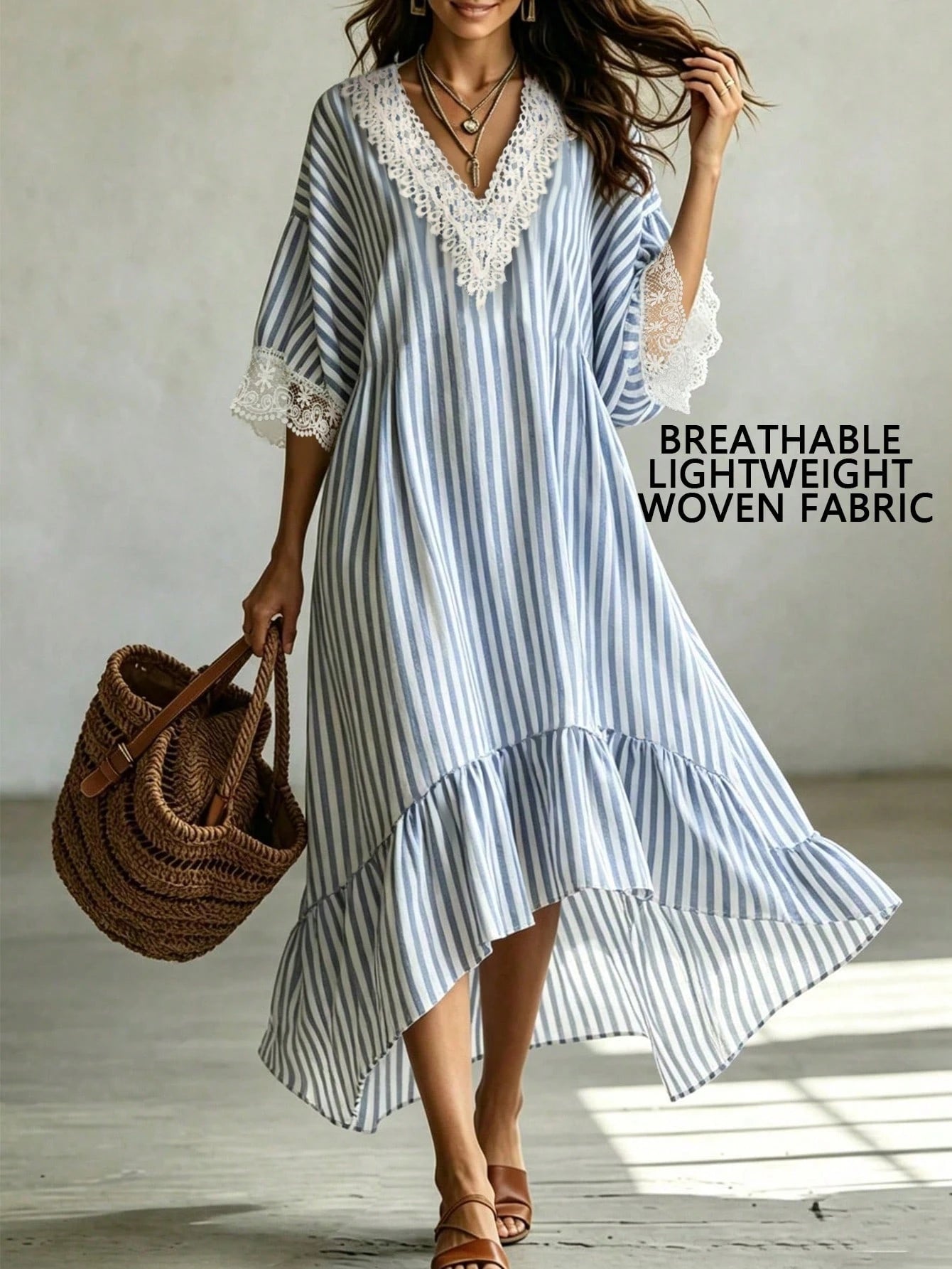 Breezaya Holidaya Women's Blue And White Stripe V-Neck Lace-Paneled Maxi Dress,Summer Boho Holiday Vacation Outfits,Casual Loose-Fitting Short-Sleeve Ruffle