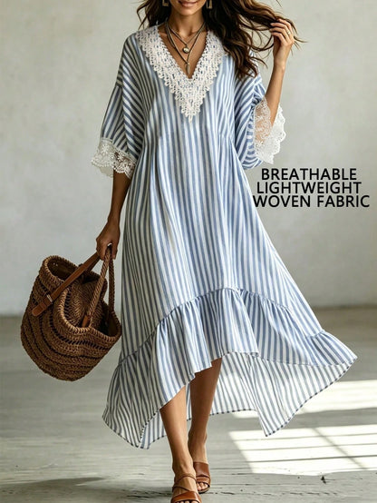 Breezaya Holidaya Women's Blue And White Stripe V-Neck Lace-Paneled Maxi Dress,Summer Boho Holiday Vacation Outfits,Casual Loose-Fitting Short-Sleeve Ruffle