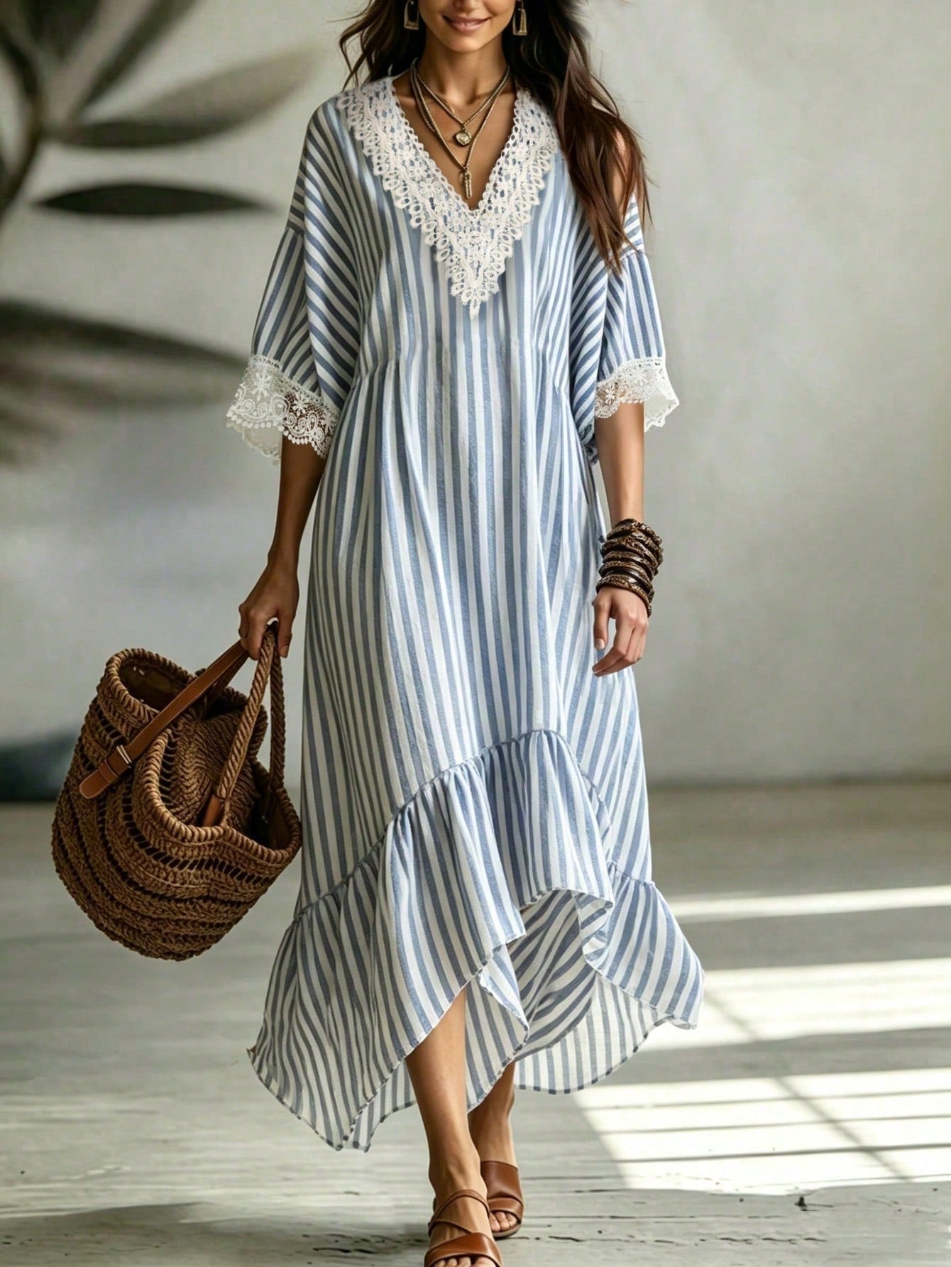 Breezaya Holidaya Women's Blue And White Stripe V-Neck Lace-Paneled Maxi Dress,Summer Boho Holiday Vacation Outfits,Casual Loose-Fitting Short-Sleeve Ruffle