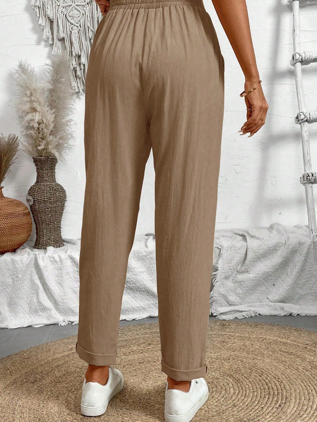 Breezaya Ladies Tapered Khaki Pants,Summer Casual Vacation Holiday Women Regular Fit Jogger With Elastic Waistband,Diagonal Pockets,Tie Belt And Drawstring