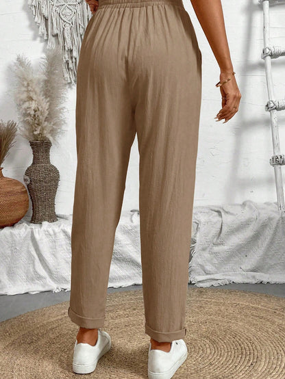 Breezaya Ladies Tapered Khaki Pants,Summer Casual Vacation Holiday Women Regular Fit Jogger With Elastic Waistband,Diagonal Pockets,Tie Belt And Drawstring