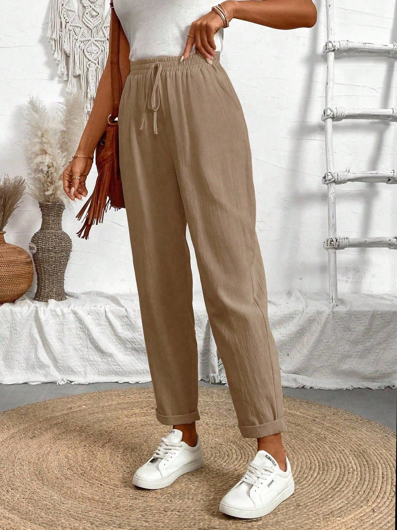 Breezaya Ladies Tapered Khaki Pants,Summer Casual Vacation Holiday Women Regular Fit Jogger With Elastic Waistband,Diagonal Pockets,Tie Belt And Drawstring