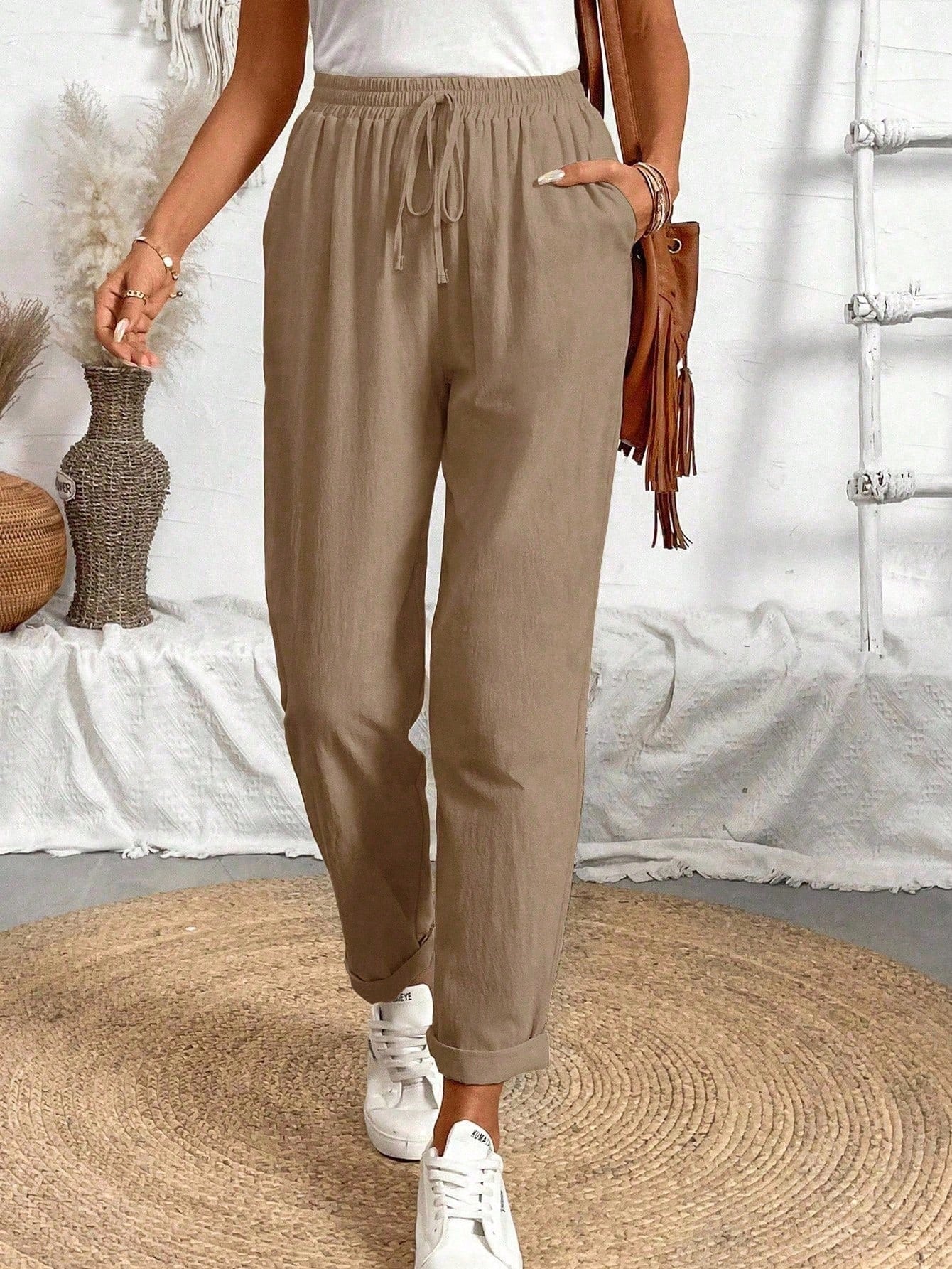 Breezaya Ladies Tapered Khaki Pants,Summer Casual Vacation Holiday Women Regular Fit Jogger With Elastic Waistband,Diagonal Pockets,Tie Belt And Drawstring