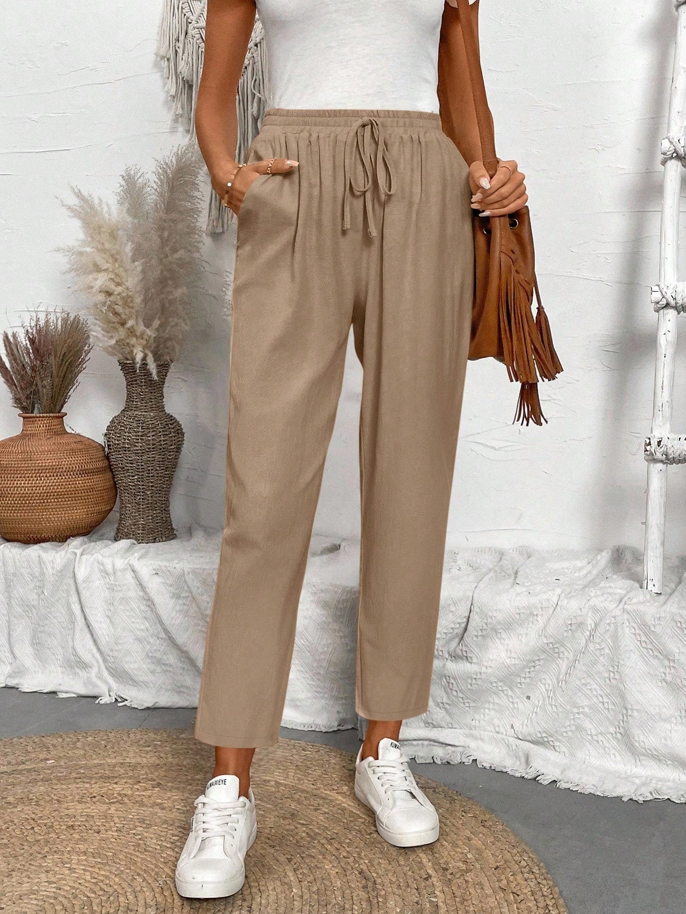 Breezaya Ladies Tapered Khaki Pants,Summer Casual Vacation Holiday Women Regular Fit Jogger With Elastic Waistband,Diagonal Pockets,Tie Belt And Drawstring