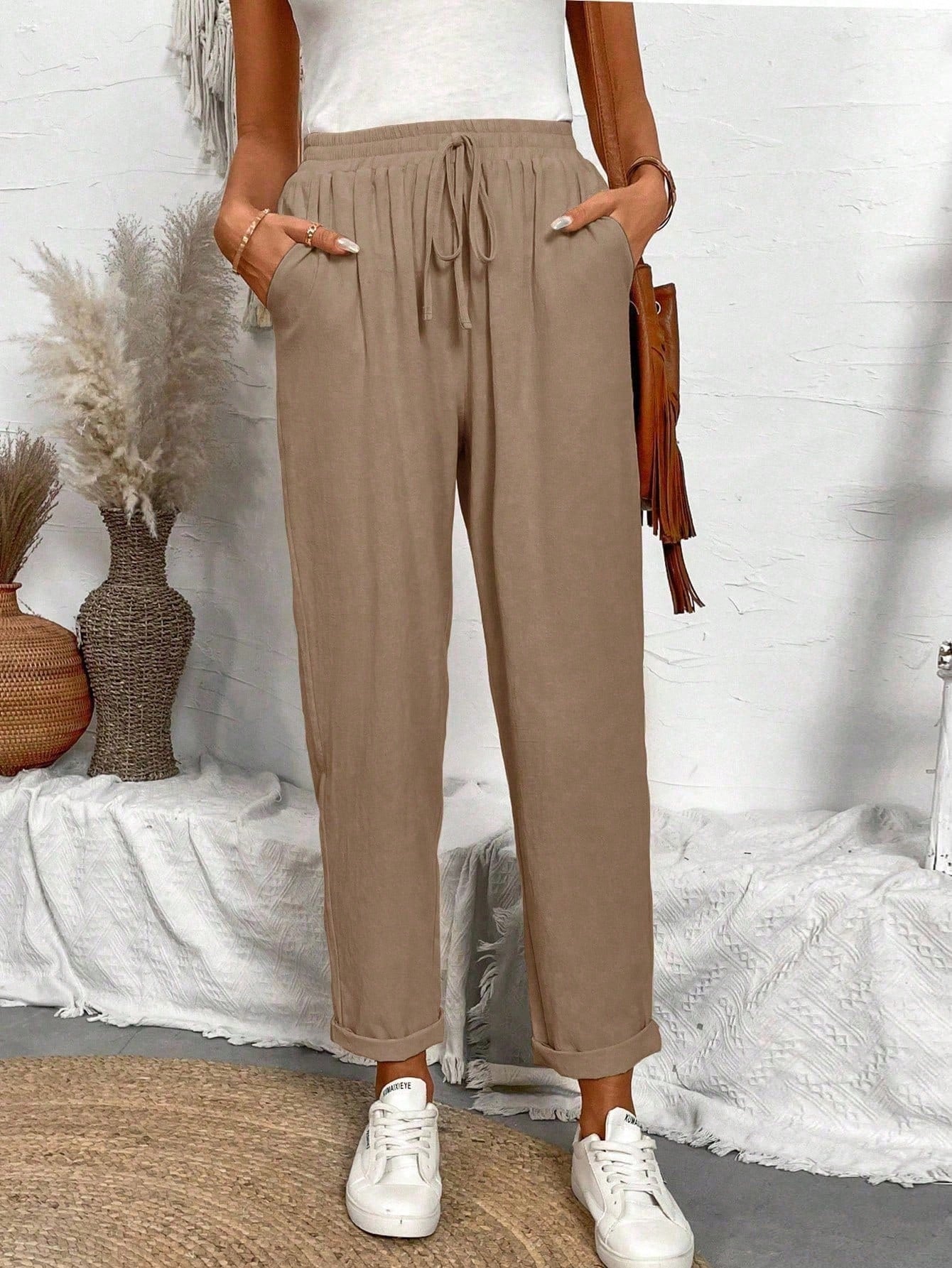 Breezaya Ladies Tapered Khaki Pants,Summer Casual Vacation Holiday Women Regular Fit Jogger With Elastic Waistband,Diagonal Pockets,Tie Belt And Drawstring