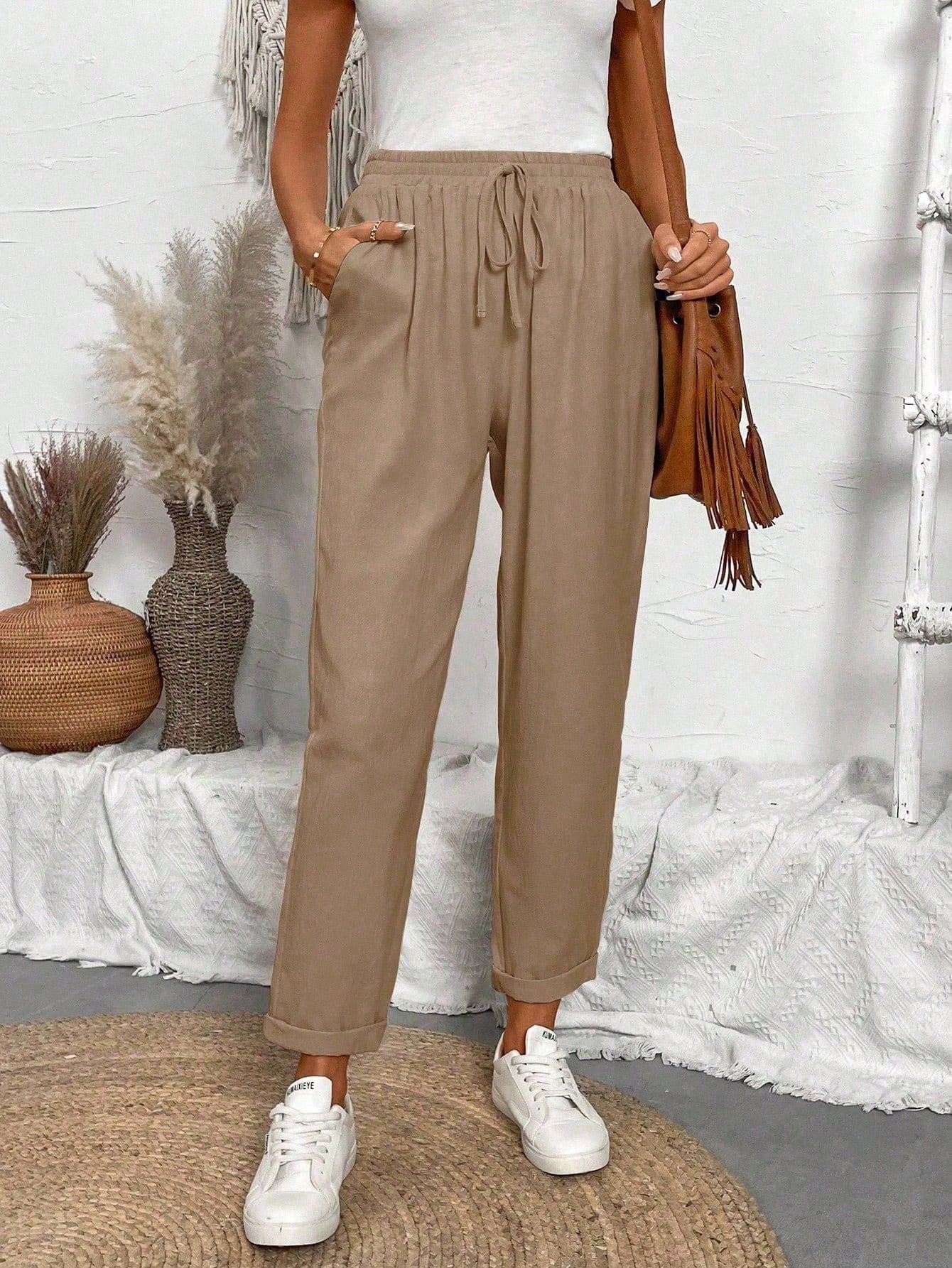 Breezaya Ladies Tapered Khaki Pants,Summer Casual Vacation Holiday Women Regular Fit Jogger With Elastic Waistband,Diagonal Pockets,Tie Belt And Drawstring