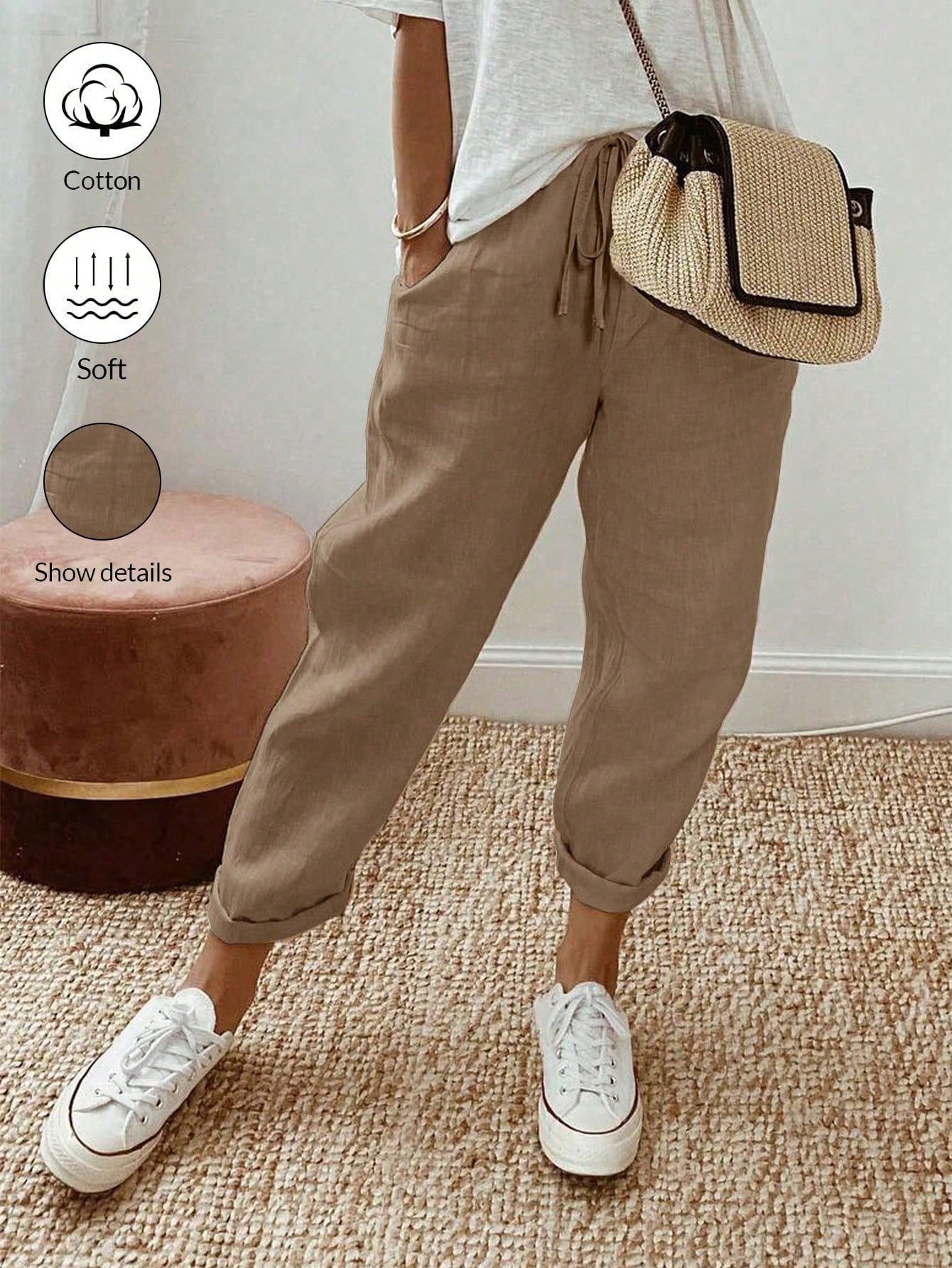 Breezaya Ladies Tapered Khaki Pants,Summer Casual Vacation Holiday Women Regular Fit Jogger With Elastic Waistband,Diagonal Pockets,Tie Belt And Drawstring