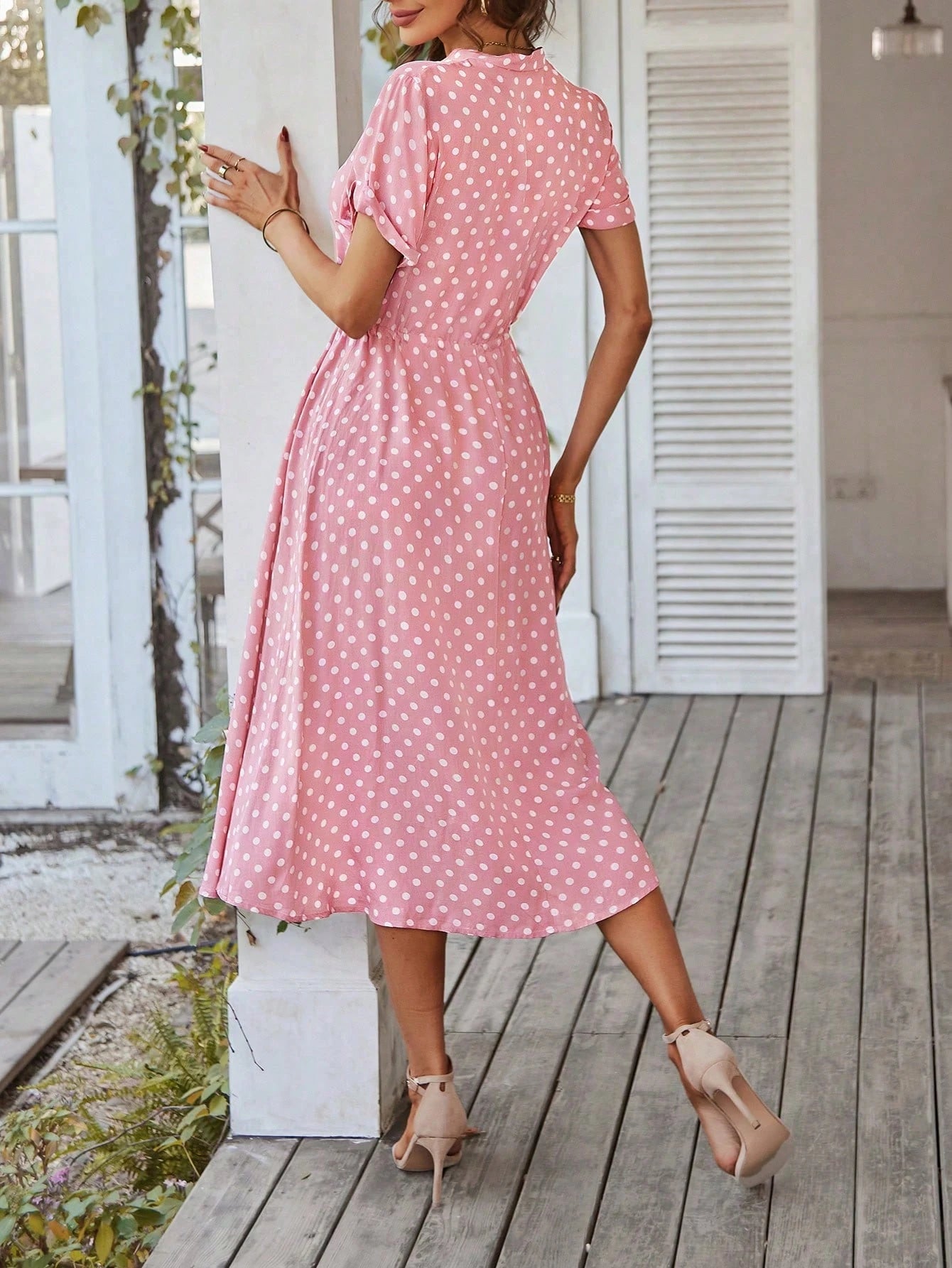 Breezaya Polka Dot Print Half Button Knot Front Dress Maxi Vacation Beach Outfits Women