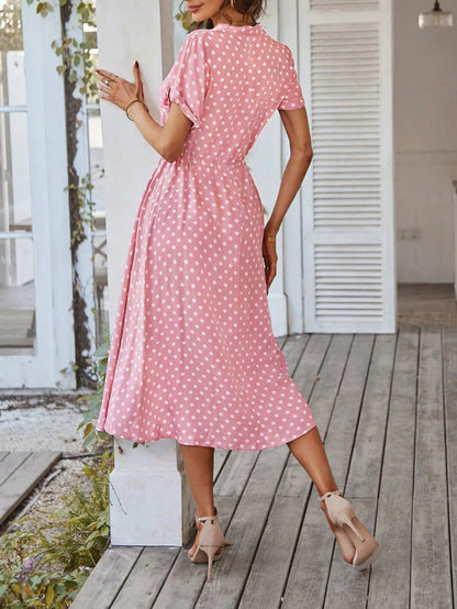 Breezaya Polka Dot Print Half Button Knot Front Dress Maxi Vacation Beach Outfits Women