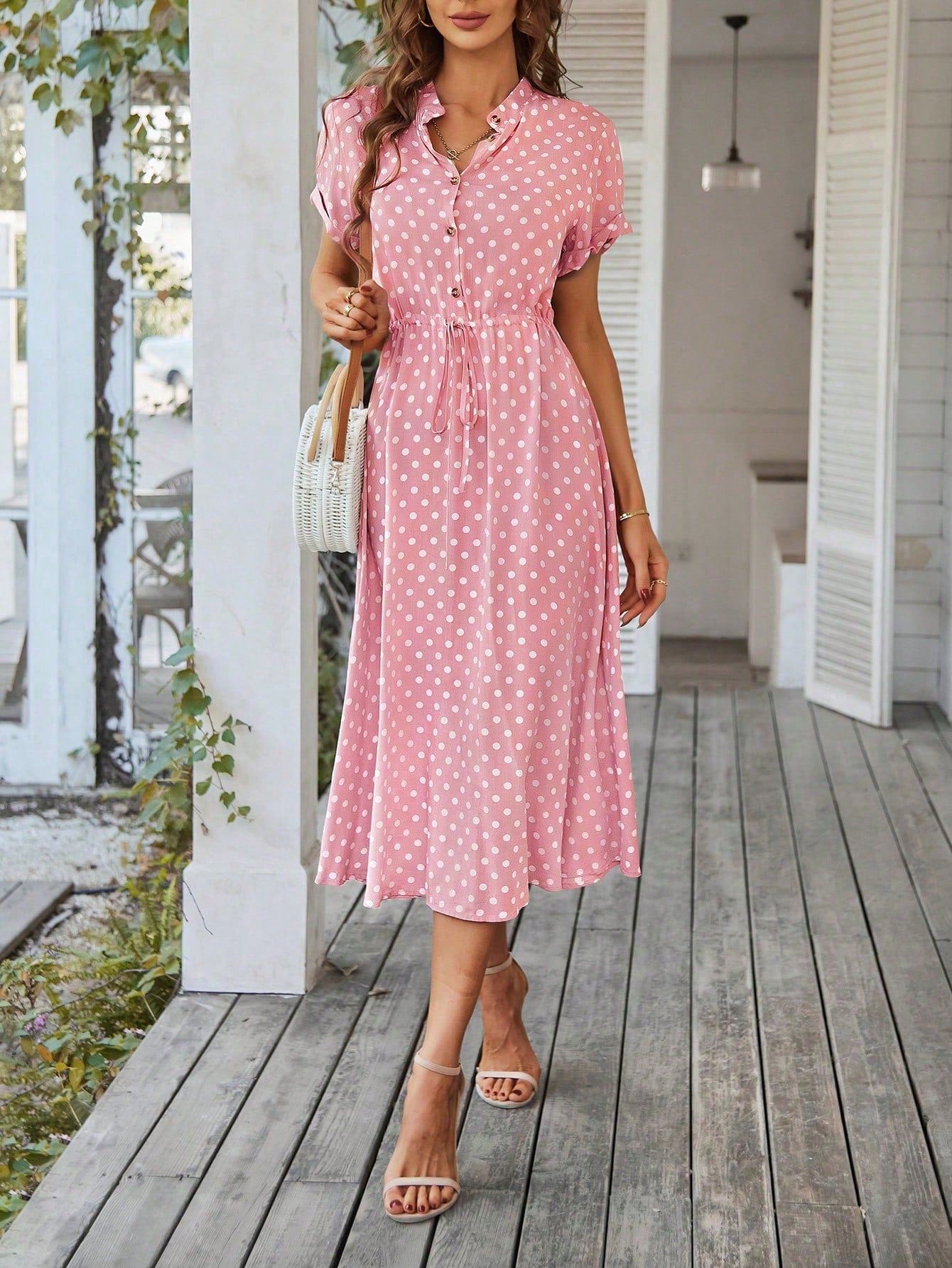 Breezaya Polka Dot Print Half Button Knot Front Dress Maxi Vacation Beach Outfits Women