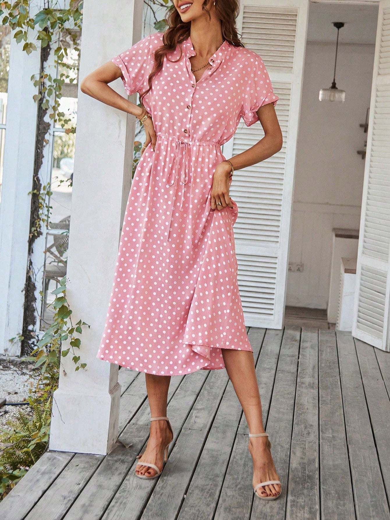 Breezaya Polka Dot Print Half Button Knot Front Dress Maxi Vacation Beach Outfits Women