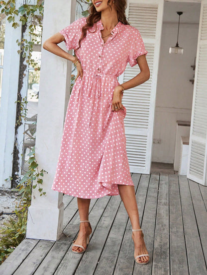 Breezaya Polka Dot Print Half Button Knot Front Dress Maxi Vacation Beach Outfits Women