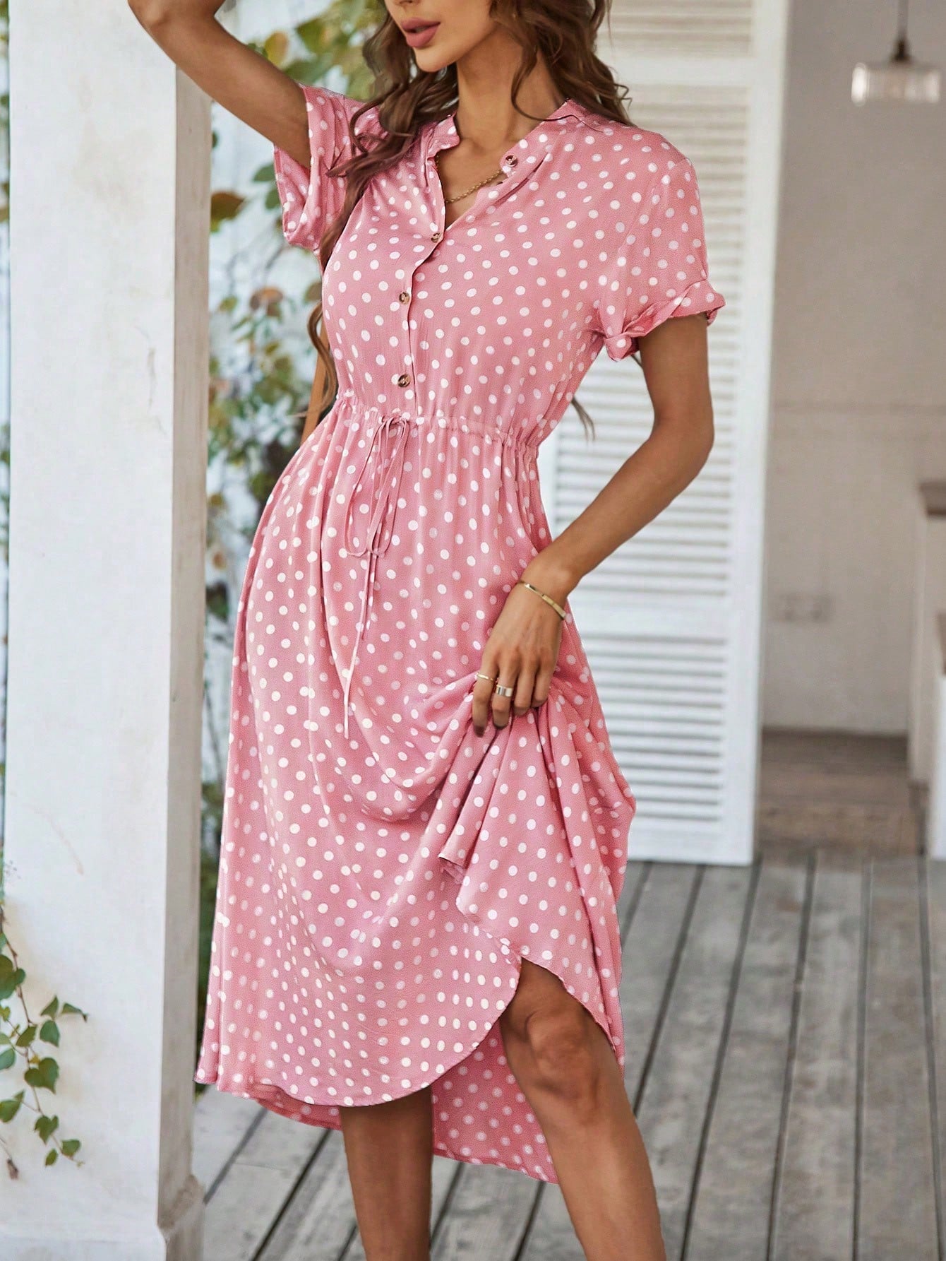 Breezaya Polka Dot Print Half Button Knot Front Dress Maxi Vacation Beach Outfits Women