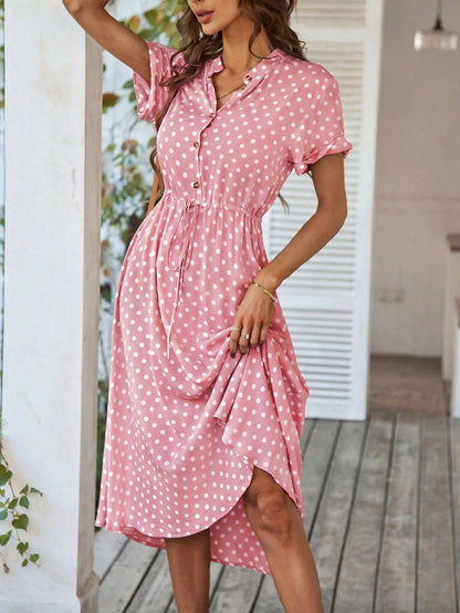 Breezaya Polka Dot Print Half Button Knot Front Dress Maxi Vacation Beach Outfits Women