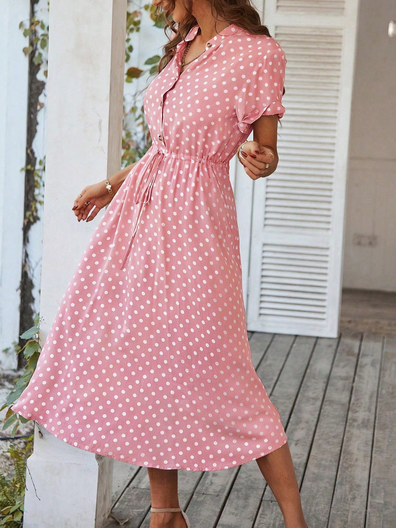 Breezaya Polka Dot Print Half Button Knot Front Dress Maxi Vacation Beach Outfits Women