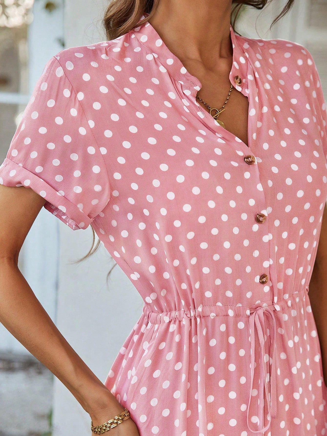 Breezaya Polka Dot Print Half Button Knot Front Dress Maxi Vacation Beach Outfits Women