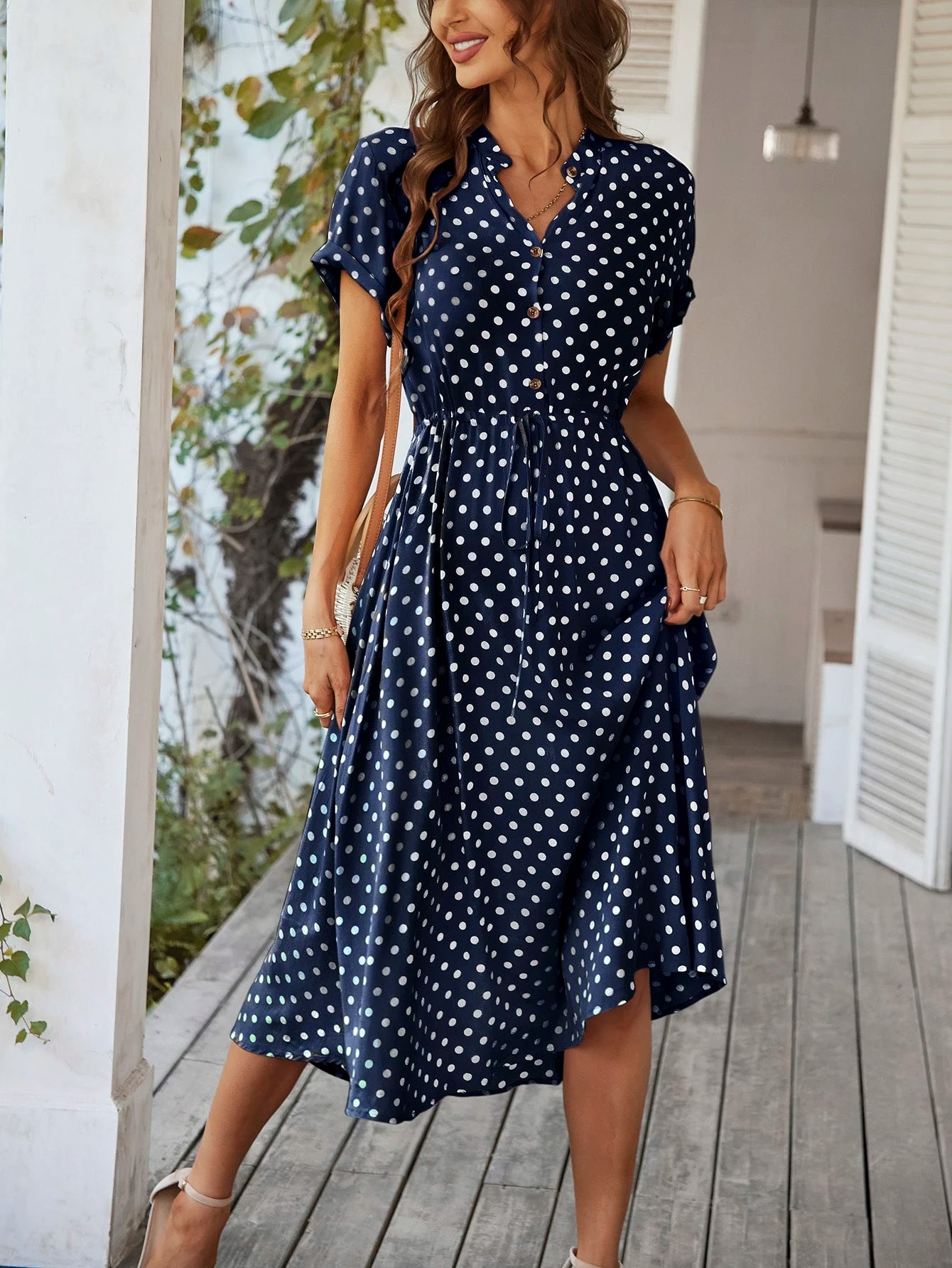 Breezaya Polka Dot Print Half Button Knot Front Dress Maxi Vacation Beach Outfits Women