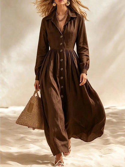 Breezaya Women Elegant Solid Long Sleeve Graduation Dress, Front Button Detail For Beach Dating Daily Commute