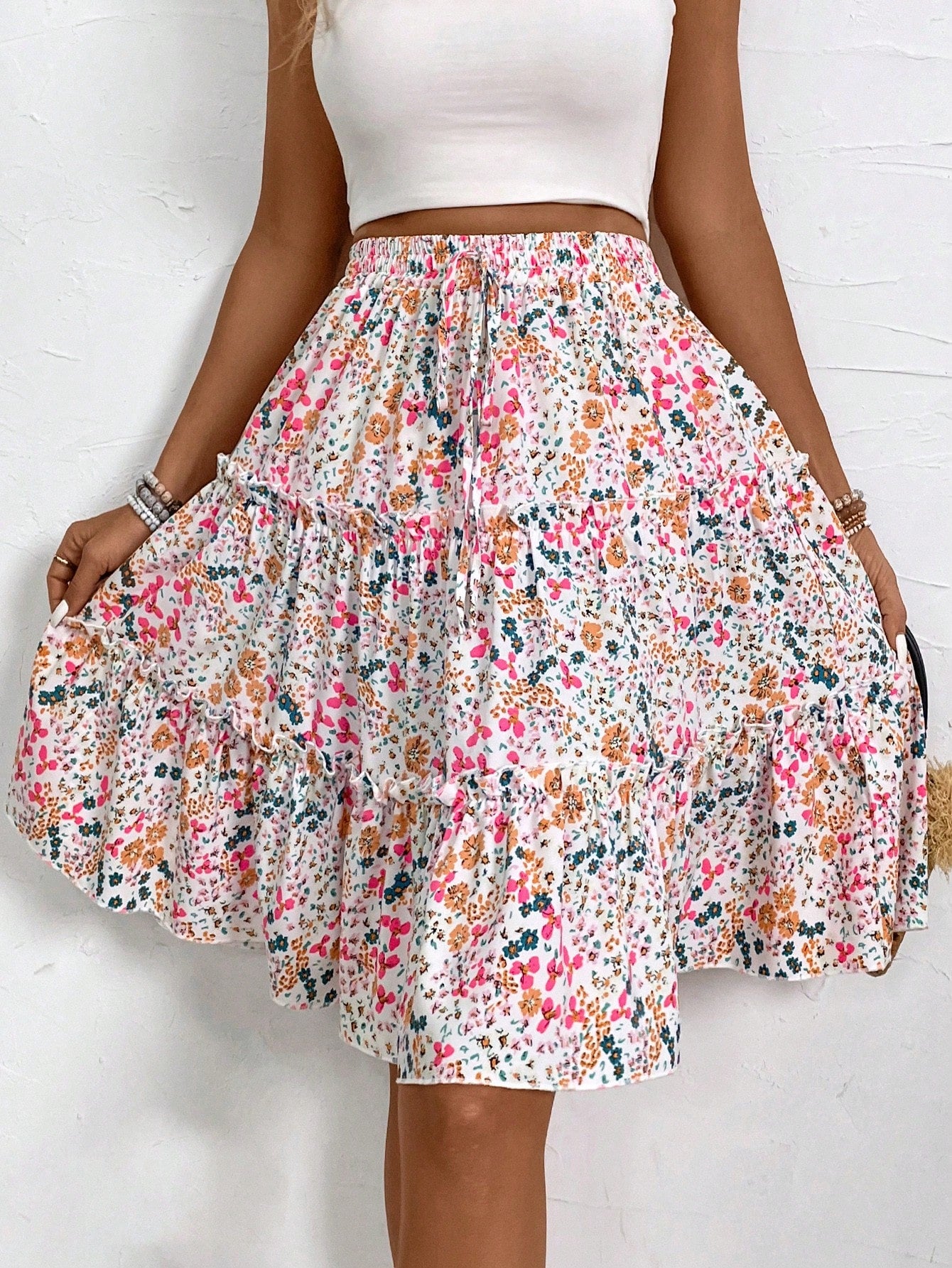 Breezaya Women's Fresh Ditsy Floral Print Ruffle Trim Skirt (Random Print)