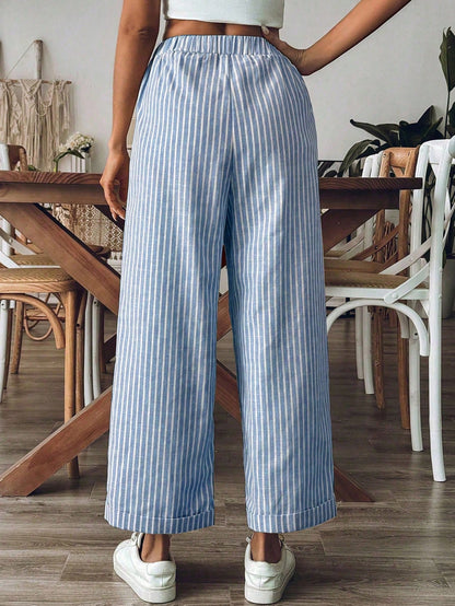 Breezaya Women's Old Money Style Striped Wide-Leg Belted Daily Wear Casual Straight Pants,Old Money Outfits Fall Cloth For Women