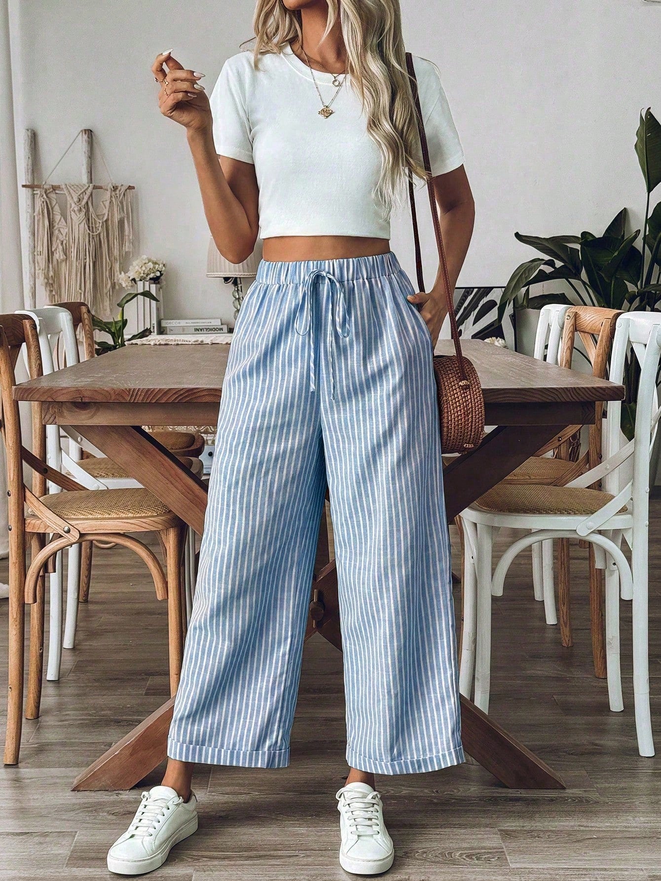 Breezaya Women's Old Money Style Striped Wide-Leg Belted Daily Wear Casual Straight Pants,Old Money Outfits Fall Cloth For Women