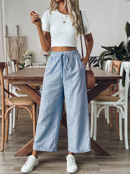 Breezaya Women's Old Money Style Striped Wide-Leg Belted Daily Wear Casual Straight Pants,Old Money Outfits Fall Cloth For Women
