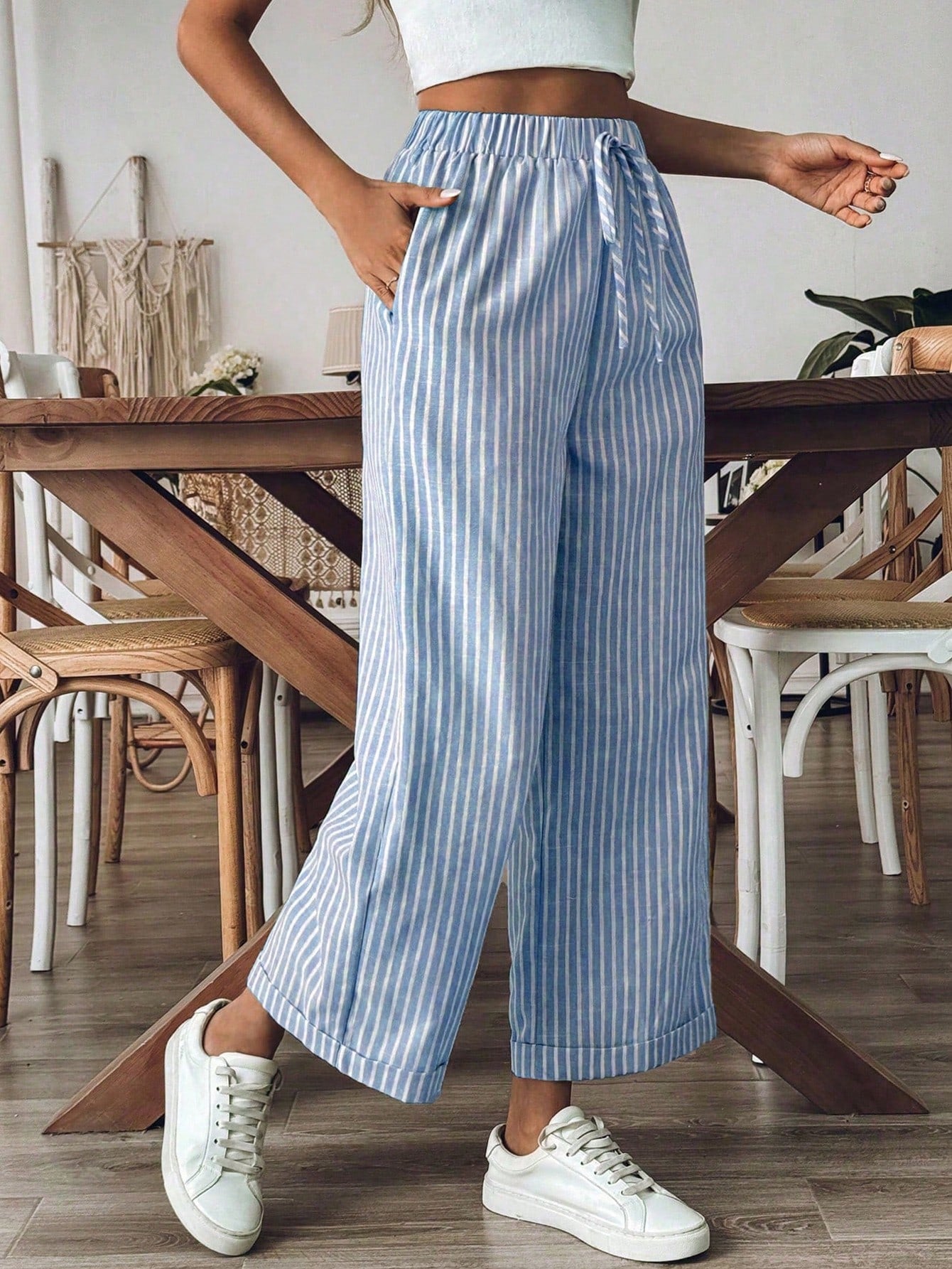 Breezaya Women's Old Money Style Striped Wide-Leg Belted Daily Wear Casual Straight Pants,Old Money Outfits Fall Cloth For Women