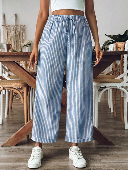 Breezaya Women's Old Money Style Striped Wide-Leg Belted Daily Wear Casual Straight Pants,Old Money Outfits Fall Cloth For Women
