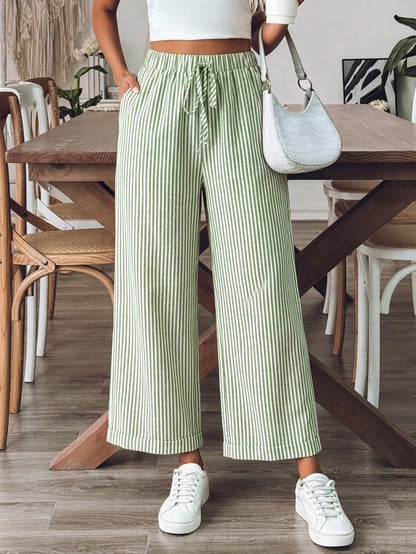 Breezaya Women's Old Money Style Striped Wide-Leg Belted Daily Wear Casual Straight Pants,Old Money Outfits Fall Cloth For Women