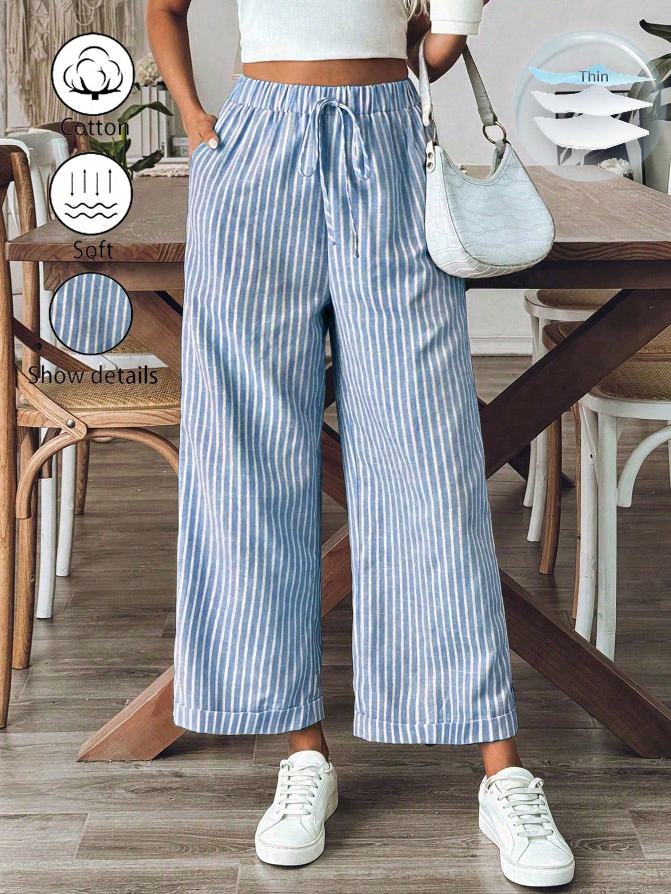 Breezaya Women's Old Money Style Striped Wide-Leg Belted Daily Wear Casual Straight Pants,Old Money Outfits Fall Cloth For Women