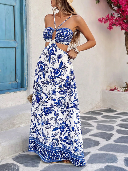 Breezaya Women's Sleeveless Hollow Out Backless Design Waist Gathering A-Line Plant Floral Printed Dress, Casual Holiday Wear, Spring/Summer