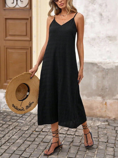 Brillora Solid Color Woven Spaghetti Strap Textured Fabric Midi Dress, Great For Vacation