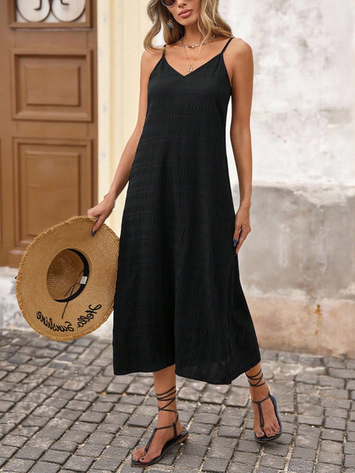 Brillora Solid Color Woven Spaghetti Strap Textured Fabric Midi Dress, Great For Vacation