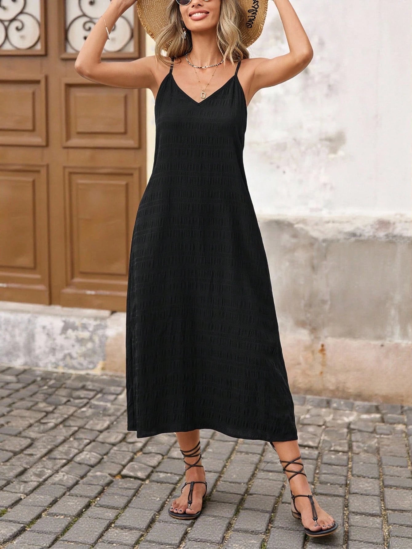 Brillora Solid Color Woven Spaghetti Strap Textured Fabric Midi Dress, Great For Vacation