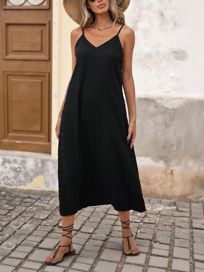 Brillora Solid Color Woven Spaghetti Strap Textured Fabric Midi Dress, Great For Vacation