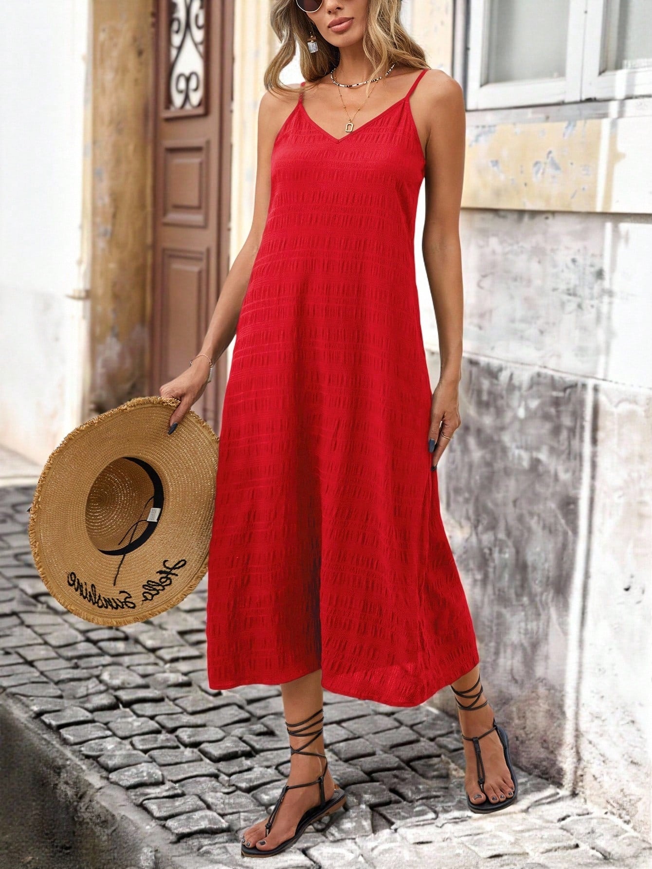 Brillora Solid Color Woven Spaghetti Strap Textured Fabric Midi Dress, Great For Vacation