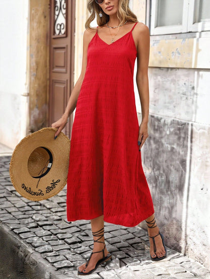 Brillora Solid Color Woven Spaghetti Strap Textured Fabric Midi Dress, Great For Vacation