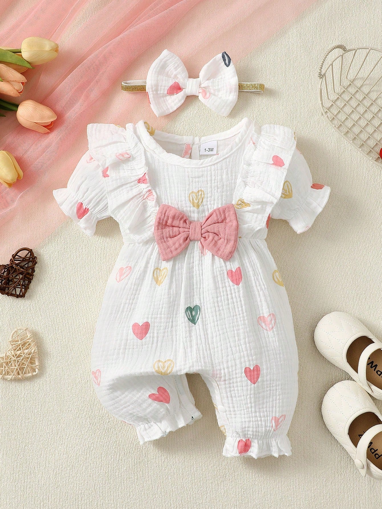 BrownBark 2pcs Cute Baby Girl Romper With Double-Sided Heart Bow + Headband Set, Summer