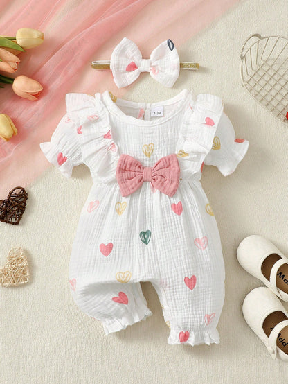 BrownBark 2pcs Cute Baby Girl Romper With Double-Sided Heart Bow + Headband Set, Summer