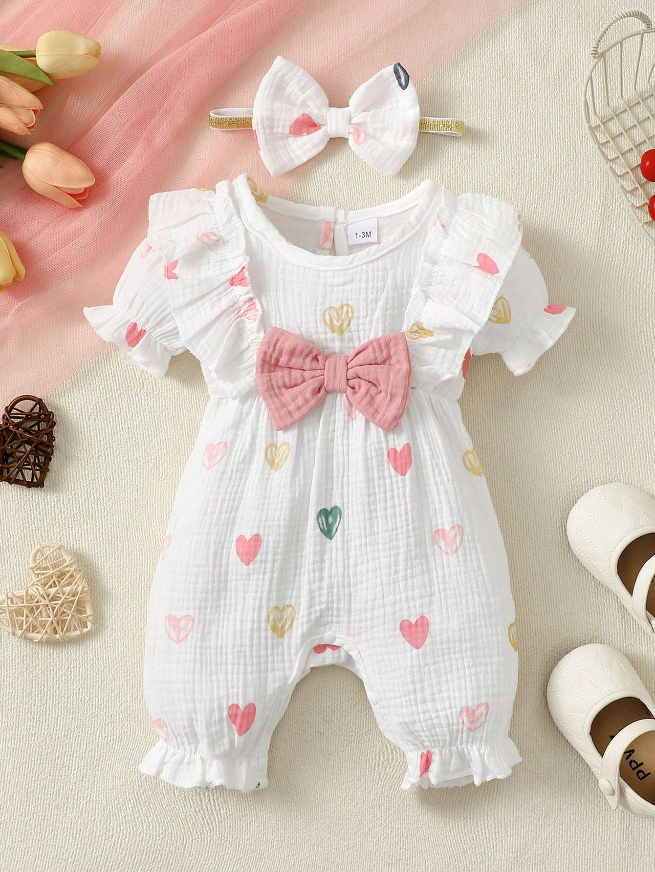 BrownBark 2pcs Cute Baby Girl Romper With Double-Sided Heart Bow + Headband Set, Summer