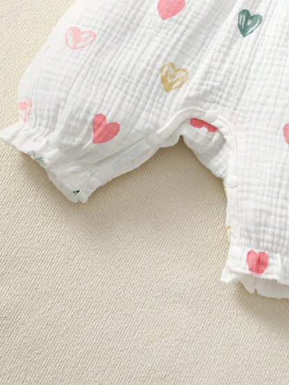 BrownBark 2pcs Cute Baby Girl Romper With Double-Sided Heart Bow + Headband Set, Summer