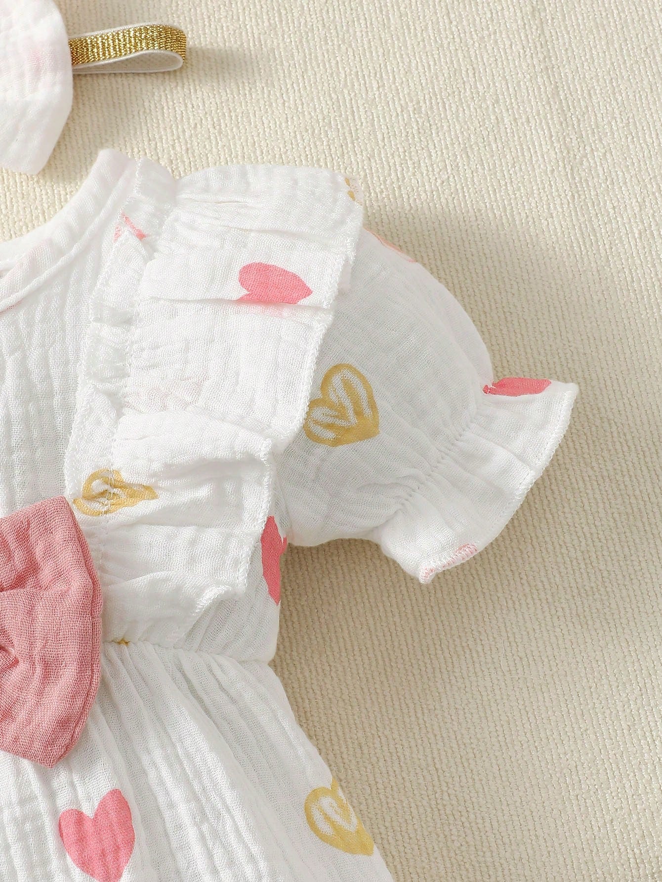 BrownBark 2pcs Cute Baby Girl Romper With Double-Sided Heart Bow + Headband Set, Summer