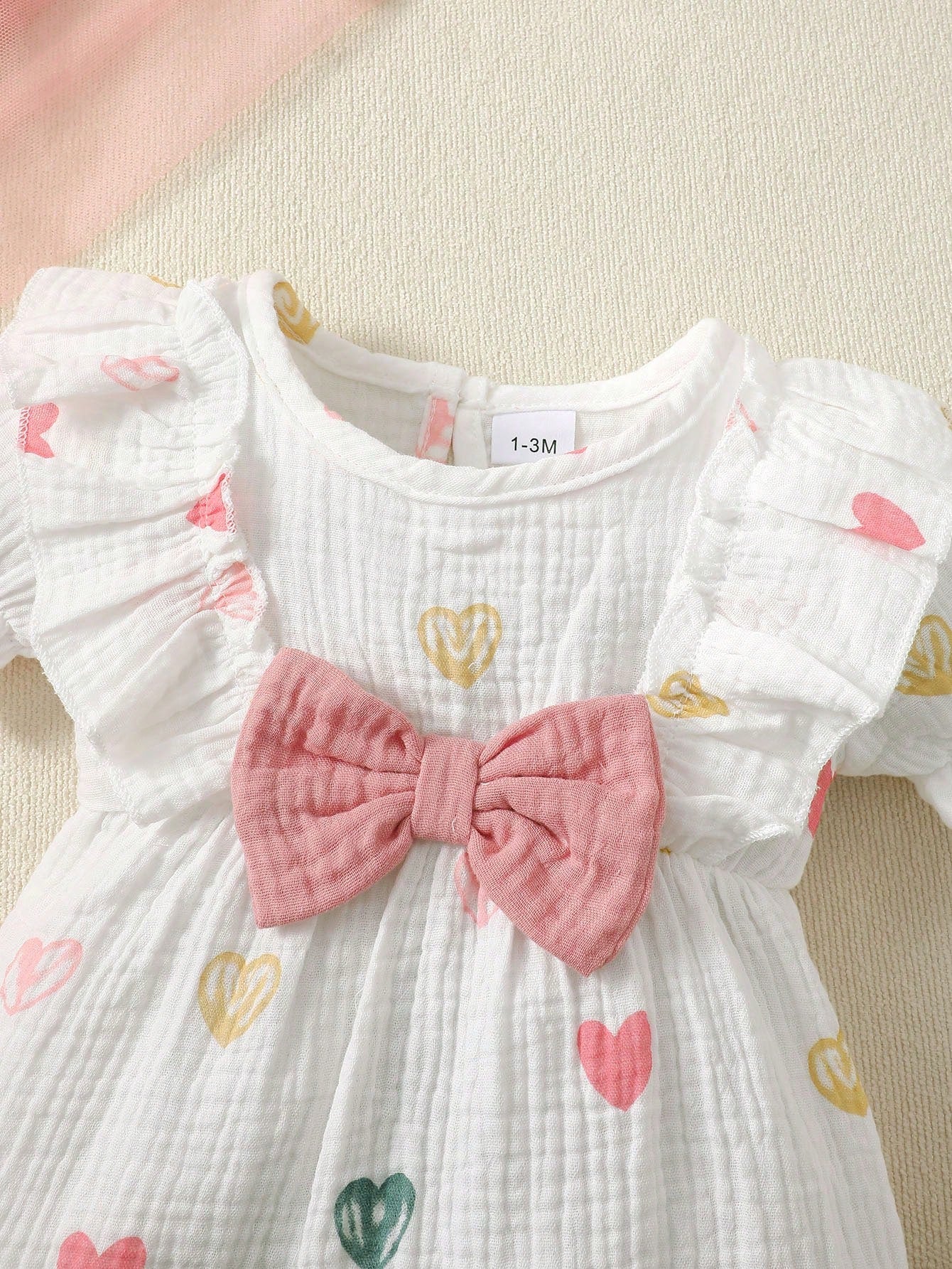 BrownBark 2pcs Cute Baby Girl Romper With Double-Sided Heart Bow + Headband Set, Summer