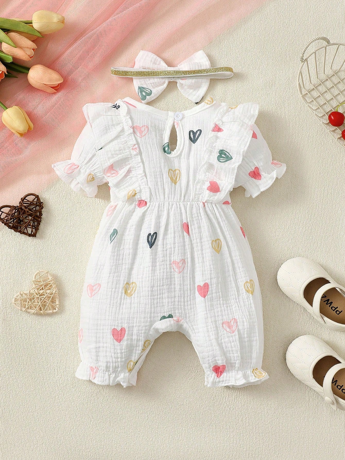 BrownBark 2pcs Cute Baby Girl Romper With Double-Sided Heart Bow + Headband Set, Summer