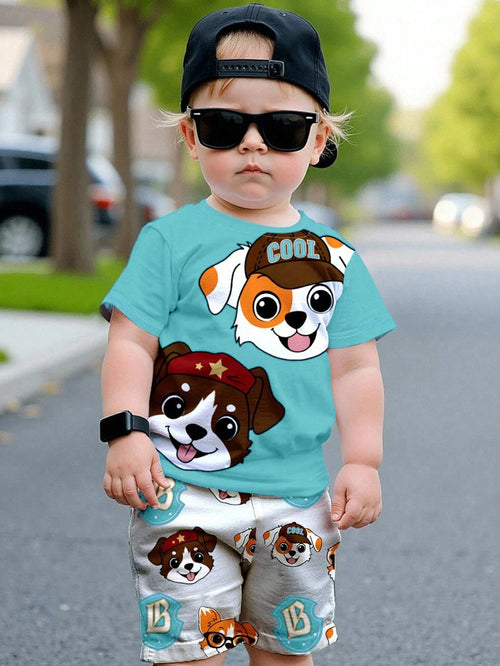 Bubblio Baby Boy 2pcs/Set Turquoise Summer Casual Cute Beach Shorts Suit,PUPPIES Graphic Round Neck Short Sleeve Tee,Everyday Basic Kids' Choice Collection